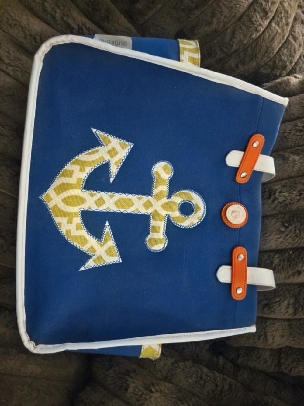 Spartina 449 Blue Canvas Tote with Yellow Anchor and Orange Accents